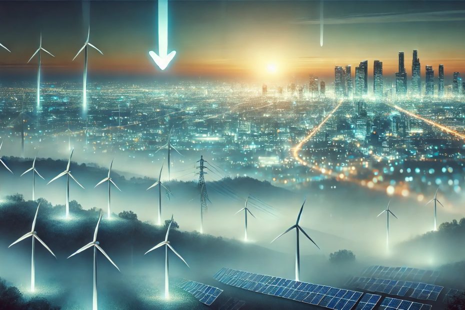 Ilustración panorámica digital de un mercado eléctrico futurista: una ciudad iluminada suavemente en la noche, impulsada por energía renovable. Aerogeneradores y paneles solares se extienden por el paisaje, brillando con luces ambientales en tonos azules y verdes. En el cielo, una sutil flecha descendente sugiere la bajada de los precios de la energía. El fondo presenta efectos de niebla y degradados suaves, creando una atmósfera serena y estable con un estilo onírico y futurista.