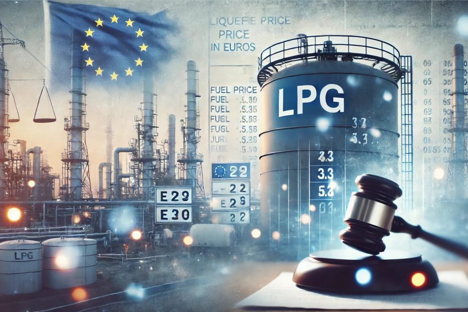 Imagen conceptual difusa y abstracta que representa los precios del gas licuado (LPG) en euros y las leyes relacionadas. La ilustración muestra un gran tanque de almacenamiento de LPG con una tenue superposición de la bandera de la Unión Europea, un tablero de precios de combustible con valores en euros ligeramente desenfocados y un documento legal con un mazo de juez. En el fondo, una refinería industrial con tuberías y luces brillantes se mezcla con la composición. Los tonos predominantes son azul, gris y metálico, evocando temas de regulación, economía y la industria energética.